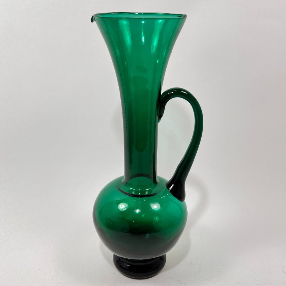 Vtg Empoli Ewer Pitcher Green Glass Hand Blown Crafted Applied Handle Italy